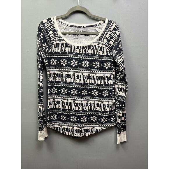 VS PINK Thermal Top Womens Large Sleep Shirt PJ Top Waffle Knit Snowflake - Picture 1 of 5